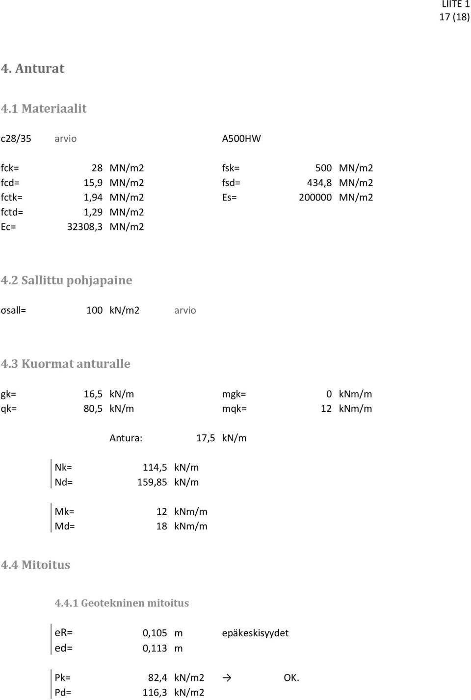 MN/m2 fctd= 1,29 MN/m2 Ec= 32308,3 MN/m2 4.2 Sallittu pohjapaine σsall= 100 kn/m2 arvio 4.