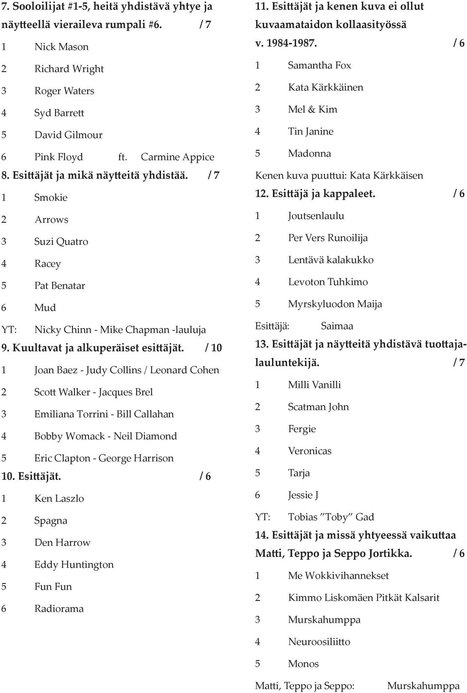 / 10 1 Joan Baez - Judy Collins / Leonard Cohen 2 Sco Walker - Jacques Brel 3 Emiliana Torrini - Bill Callahan 4 Bobby Womack - Neil Diamond 5 Eric Clapton - George Harrison 10. Esi äjät.