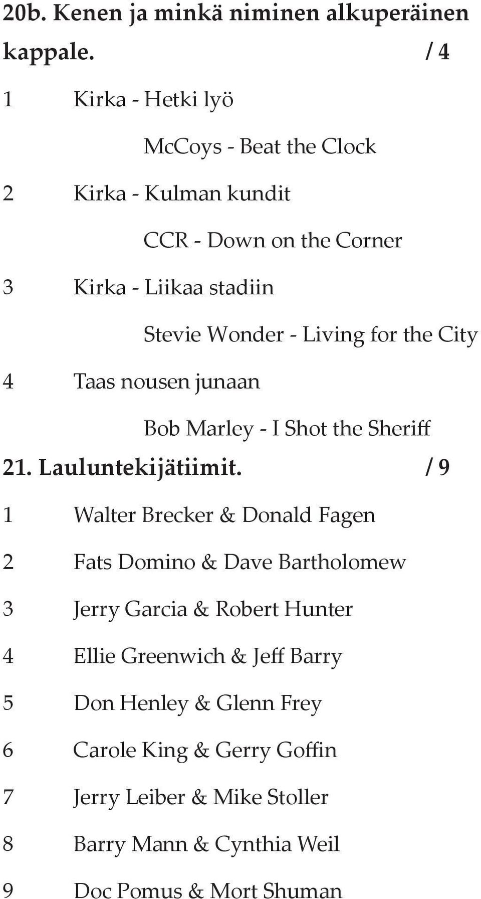 Living for the City 4 Taas nousen junaan Bob Marley - I Shot the Sheriff 21. Lauluntekijätiimit.