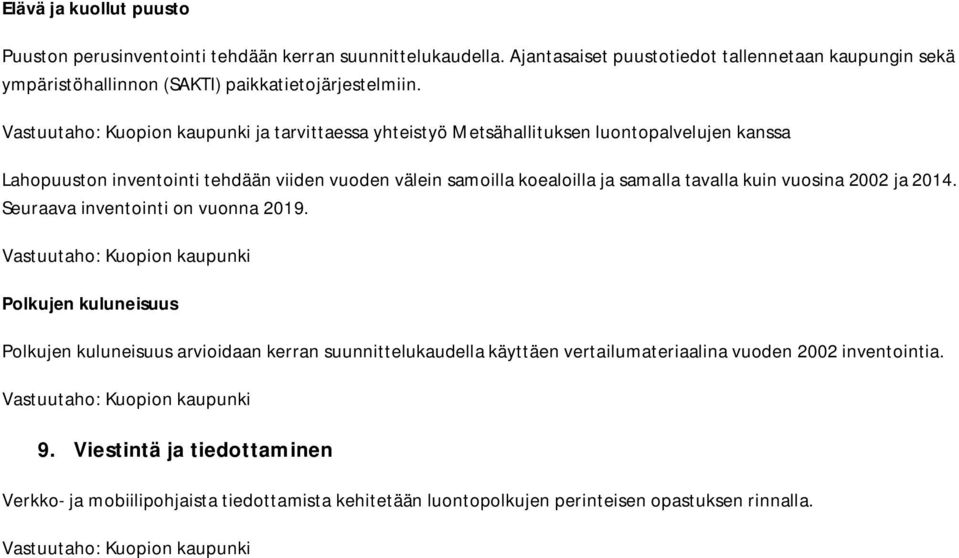 ja tarvittaessa yhteistyö Metsähallituksen luontopalvelujen kanssa Lahopuuston inventointi tehdään viiden vuoden välein samoilla koealoilla ja samalla tavalla kuin