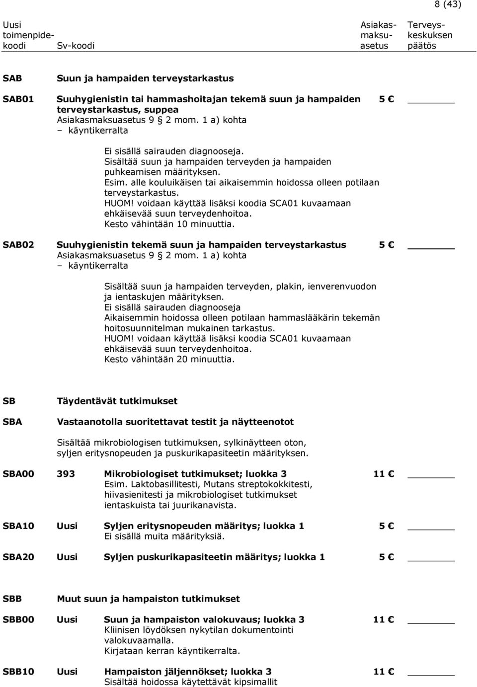 alle kouluikäisen tai aikaisemmin hoidossa olleen potilaan terveystarkastus. HUOM! voidaan käyttää lisäksi koodia SCA01 kuvaamaan ehkäisevää suun terveydenhoitoa. Kesto vähintään 10 minuuttia.