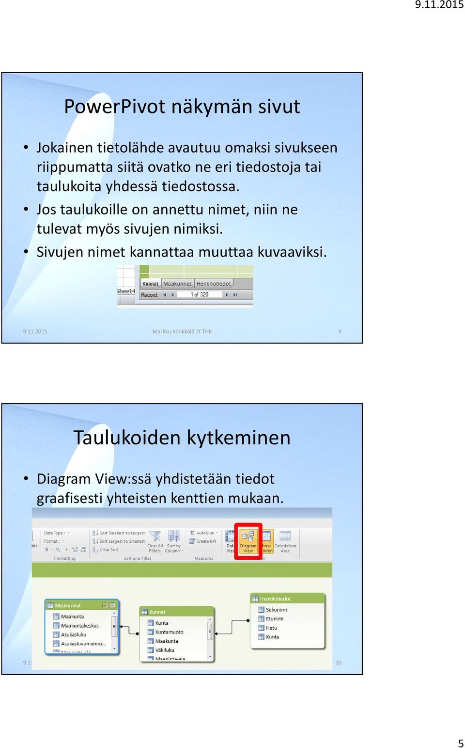 Jos taulukoille on annettu nimet, niin ne tulevat myös sivujen nimiksi.