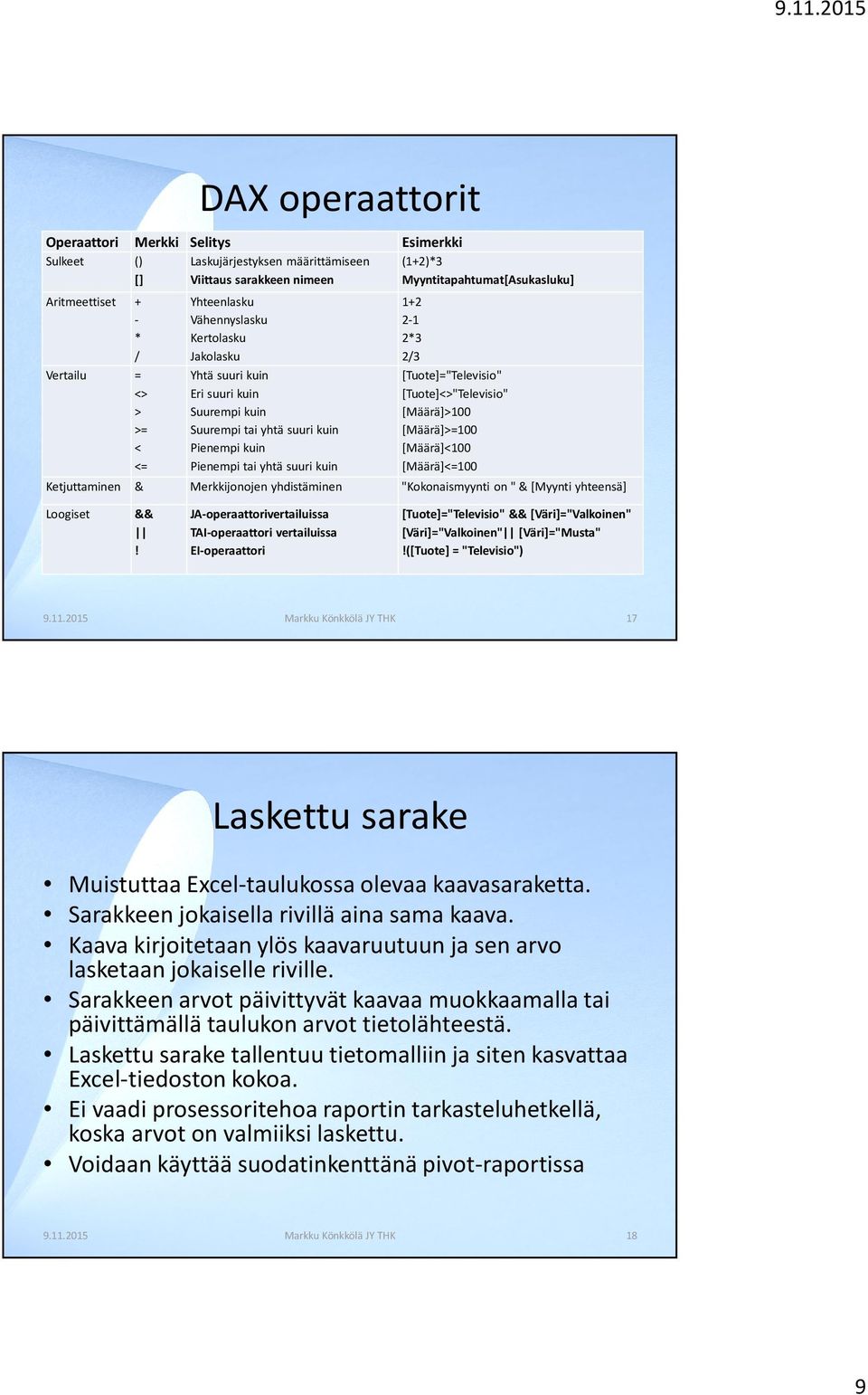 [Tuote]="Televisio" [Tuote]<>"Televisio" [Määrä]>100 [Määrä]>=100 [Määrä]<100 [Määrä]<=100 Ketjuttaminen & Merkkijonojen yhdistäminen "Kokonaismyynti on " & [Myynti yhteensä] Loogiset &&!