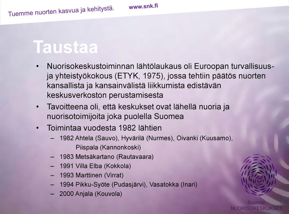 joka puolella Suomea Toimintaa vuodesta 1982 lähtien 1982 Ahtela (Sauvo), Hyvärilä (Nurmes), Oivanki (Kuusamo), Piispala (Kannonkoski) 1983