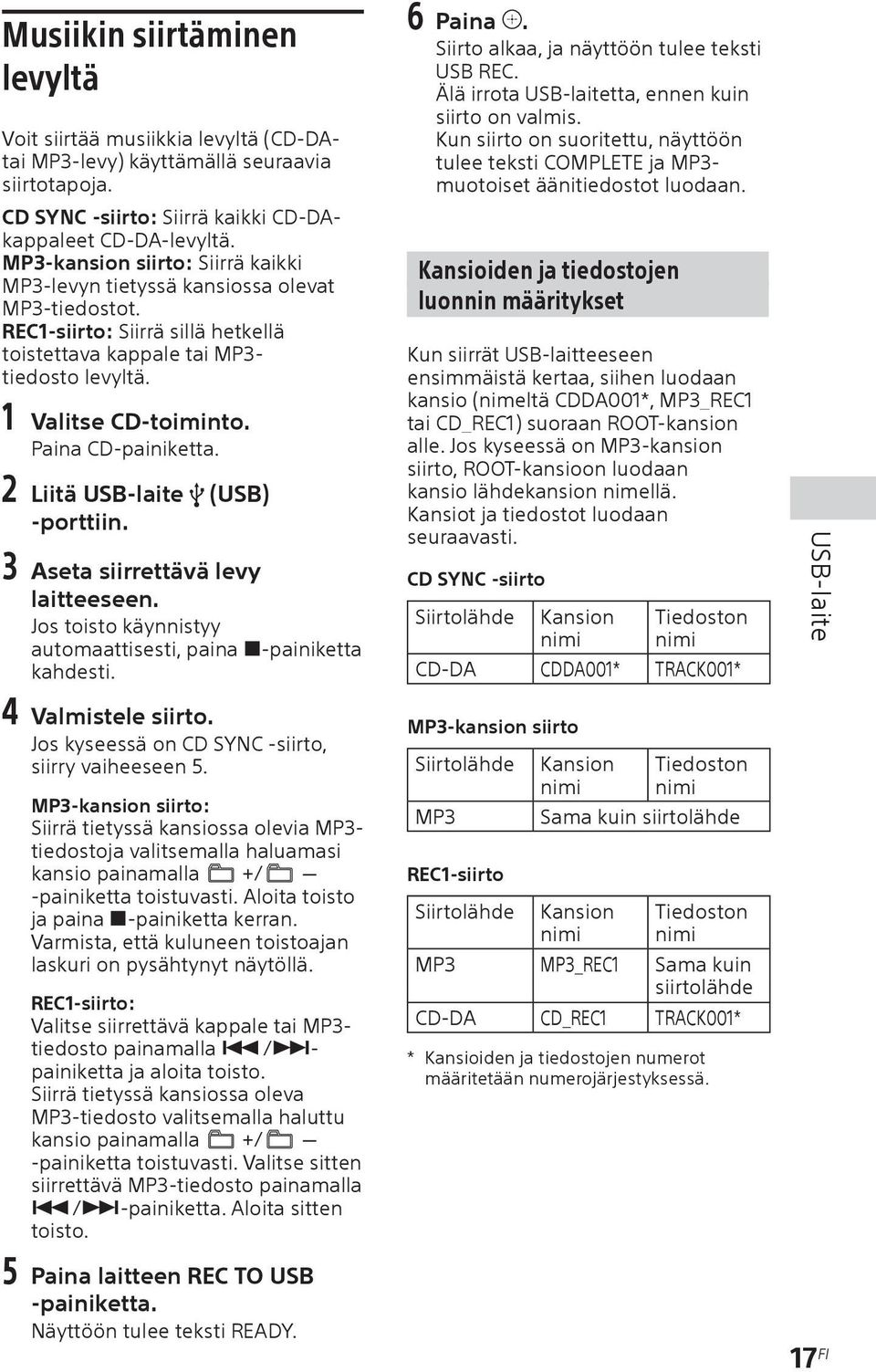 Paina CD-painiketta. 2 Liitä USB-laite (USB) -porttiin. 3 Aseta siirrettävä levy laitteeseen. Jos toisto käynnistyy automaattisesti, paina -painiketta kahdesti. 4 Valmistele siirto.