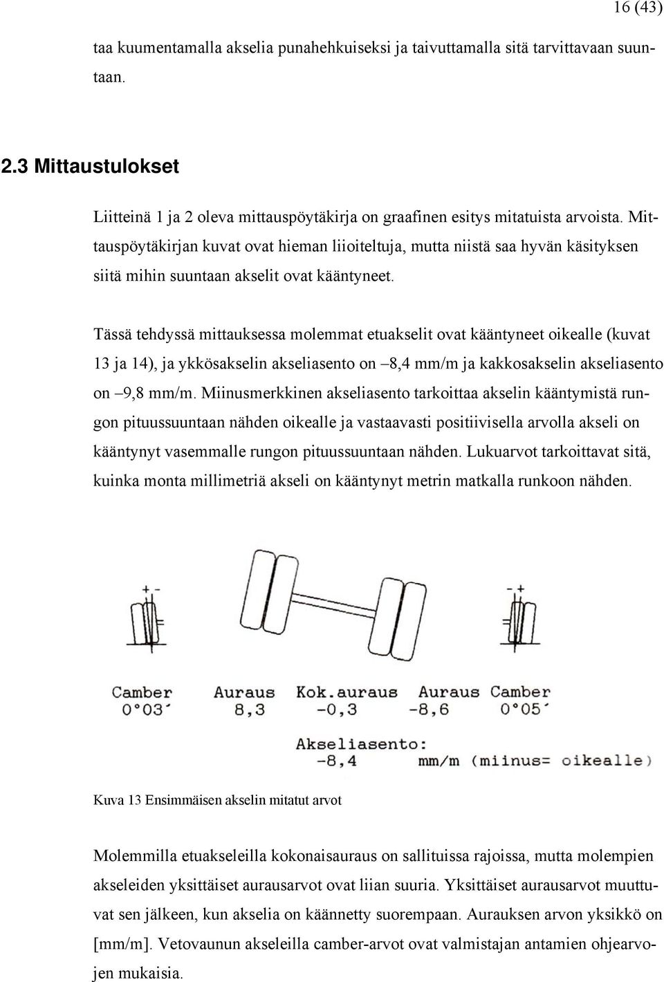 Tässä tehdyssä mittauksessa molemmat etuakselit ovat kääntyneet oikealle (kuvat 13 ja 14), ja ykkösakselin akseliasento on 8,4 mm/m ja kakkosakselin akseliasento on 9,8 mm/m.