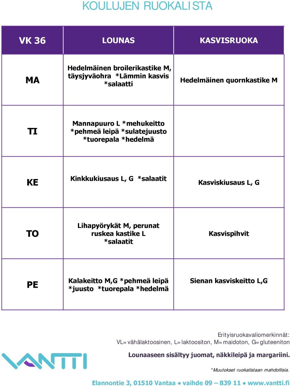 *sulatejuusto *tuorepala Kinkkukiusaus L, G Kasviskiusaus L, G Lihapyörykät M, perunat