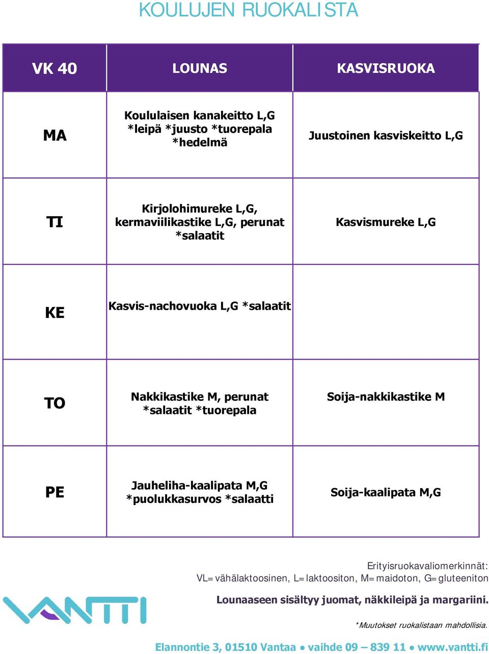 Kasvismureke L,G Kasvis-nachovuoka L,G Nakkikastike M, perunat *tuorepala