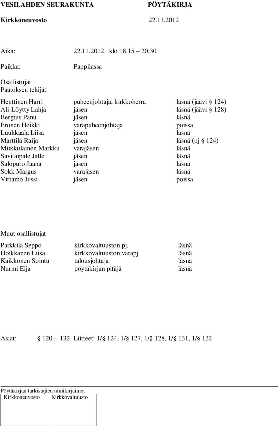 Salopuro Jaana Sokk Margus Virtamo Jussi Pappilassa puheenjohtaja, kirkkoherra jäsen jäsen varapuheenjohtaja jäsen jäsen varajäsen jäsen jäsen varajäsen jäsen läsnä (jäävi
