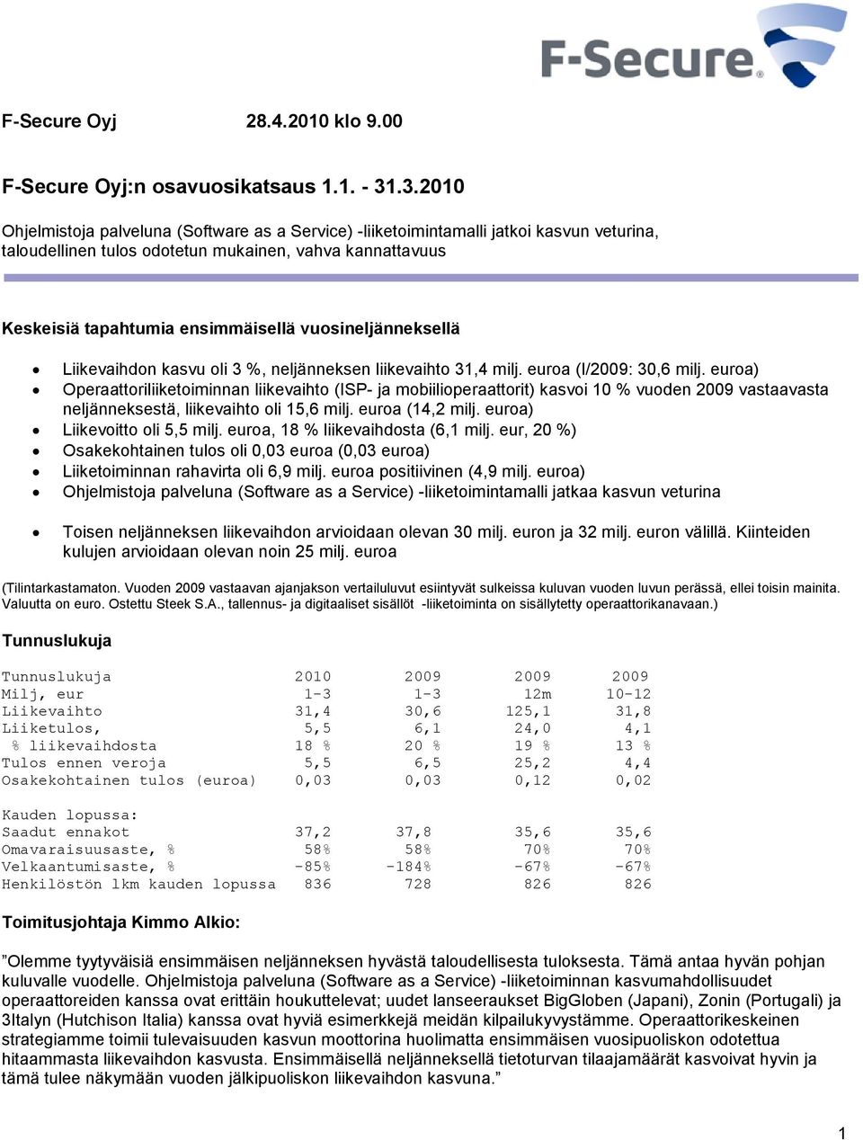 vuosineljänneksellä Liikevaihdon kasvu oli 3 %, neljänneksen liikevaihto 31,4 milj. euroa (I/2009: 30,6 milj.