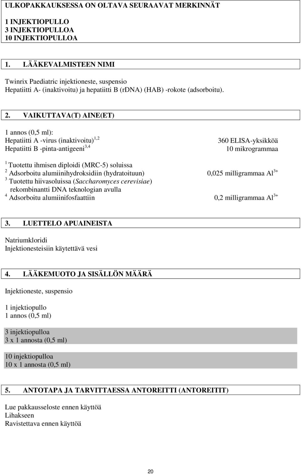 VAIKUTTAVA(T) AINE(ET) 1 annos (0,5 ml): Hepatiitti A -virus (inaktivoitu) 1,2 Hepatiitti B -pinta-antigeeni 3,4 360 ELISA-yksikköä 10 mikrogrammaa 1 Tuotettu ihmisen diploidi (MRC-5) soluissa 2