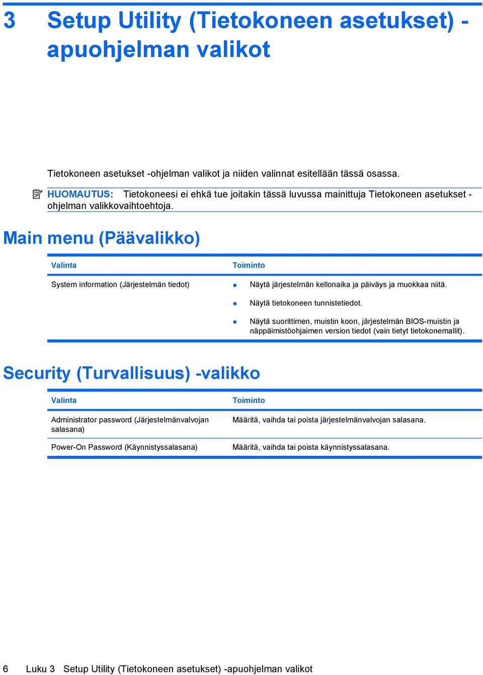 Main menu (Päävalikko) Valinta Toiminto System information (Järjestelmän tiedot) Näytä järjestelmän kellonaika ja päiväys ja muokkaa niitä. Näytä tietokoneen tunnistetiedot.