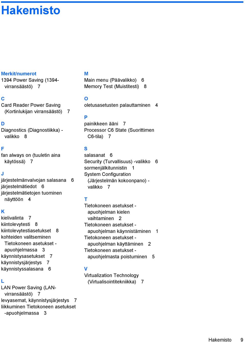 Tietokoneen asetukset - apuohjelmassa 3 käynnistysasetukset 7 käynnistysjärjestys 7 käynnistyssalasana 6 L LAN Power Saving (LANvirransäästö) 7 levyasemat, käynnistysjärjestys 7 liikkuminen