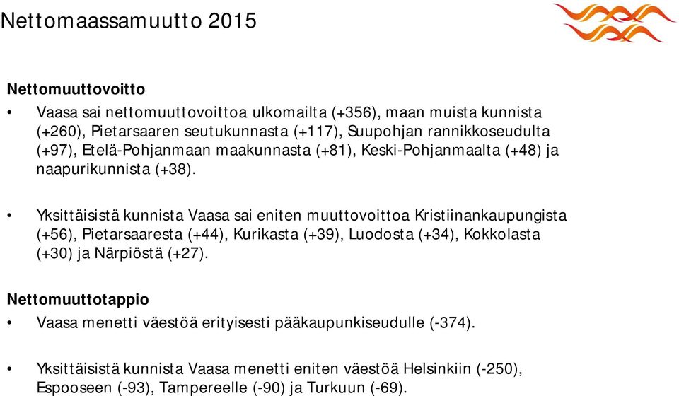 Yksittäisistä kunnista Vaasa sai eniten muuttovoittoa Kristiinankaupungista (+56), Pietarsaaresta (+44), Kurikasta (+39), Luodosta (+34), Kokkolasta (+30) ja