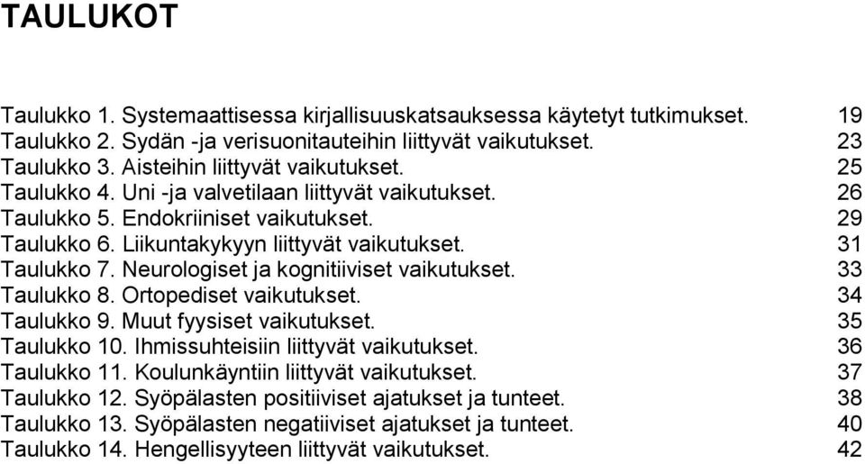 31 Taulukko 7. Neurologiset ja kognitiiviset vaikutukset. 33 Taulukko 8. Ortopediset vaikutukset. 34 Taulukko 9. Muut fyysiset vaikutukset. 35 Taulukko 10. Ihmissuhteisiin liittyvät vaikutukset.