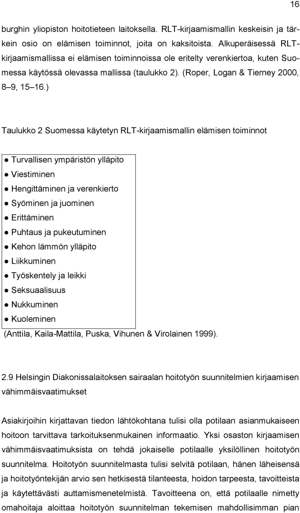 ) Taulukko 2 Suomessa käytetyn RLT-kirjaamismallin elämisen toiminnot Turvallisen ympäristön ylläpito Viestiminen Hengittäminen ja verenkierto Syöminen ja juominen Erittäminen Puhtaus ja pukeutuminen