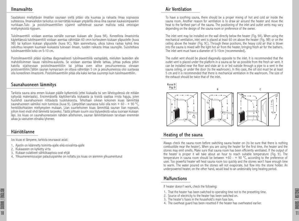 tulo- ja poistoilmaventtiilien sijainnit vaihtelevat saunan mallista sekä omistajan mieltymyksistä riippuen. Tuloilmaventtiili voidaan asentaa seinälle suoraan kiukaan alle (kuva 9).
