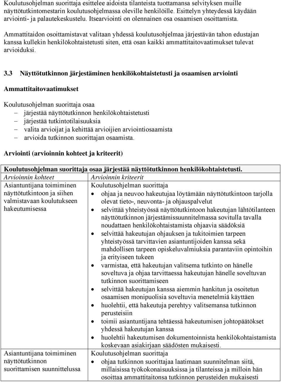 Ammattitaidon osoittamistavat valitaan yhdessä koulutusohjelmaa järjestävän tahon edustajan kanssa kullekin henkilökohtaistetusti siten, että osan kaikki ammattitaitovaatimukset tulevat arvioiduksi.