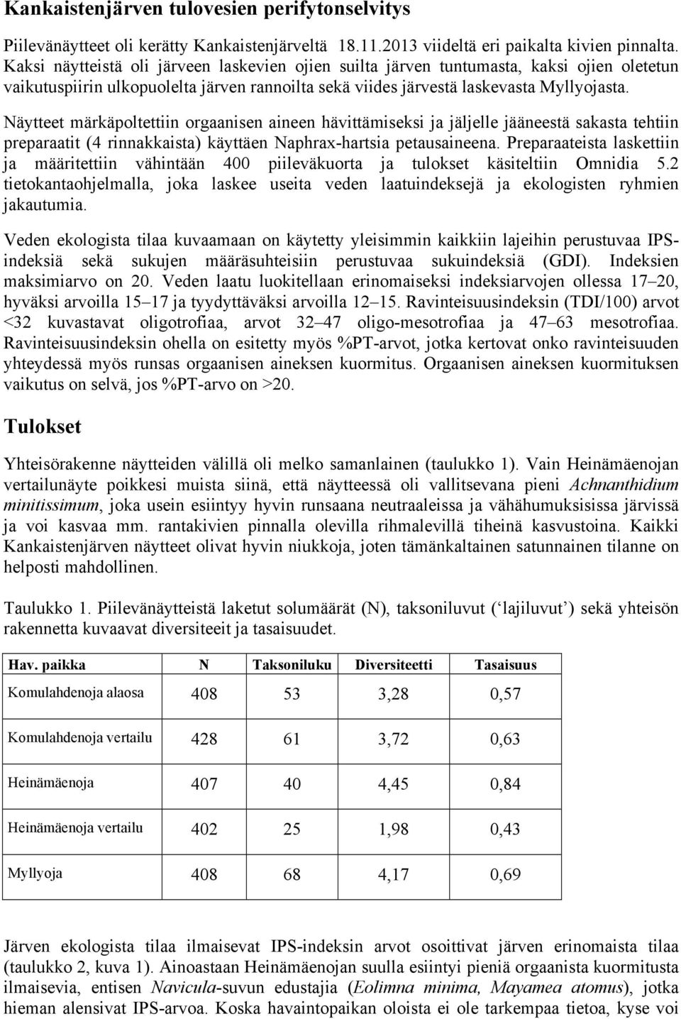 Näytteet märkäpoltettiin orgaanisen aineen hävittämiseksi ja jäljelle jääneestä sakasta tehtiin preparaatit (4 rinnakkaista) käyttäen Naphrax-hartsia petausaineena.