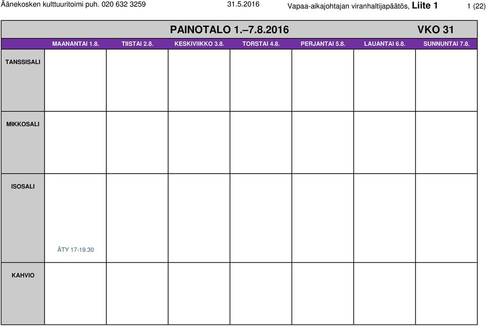 (22) PAINOTALO 1. 7.8.2016 VKO 31 MAANANTAI 1.8. TIISTAI 2.8. KESKIVIIKKO 3.