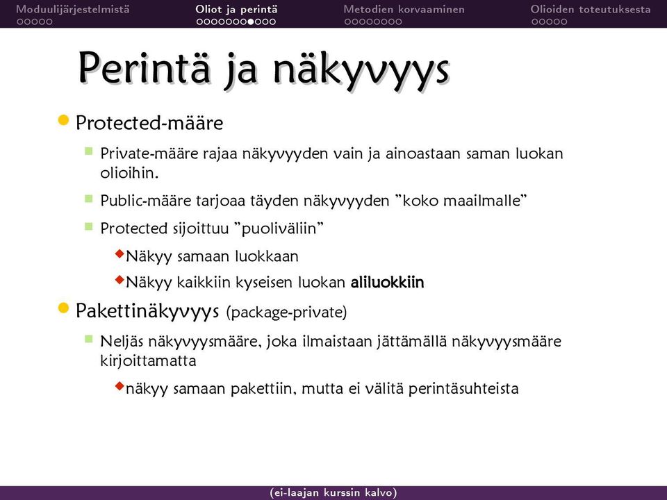 Public-määre tarjoaa täyden näkyvyyden koko maailmalle Protected sijoittuu puoliväliin Näkyy samaan luokkaan Näkyy