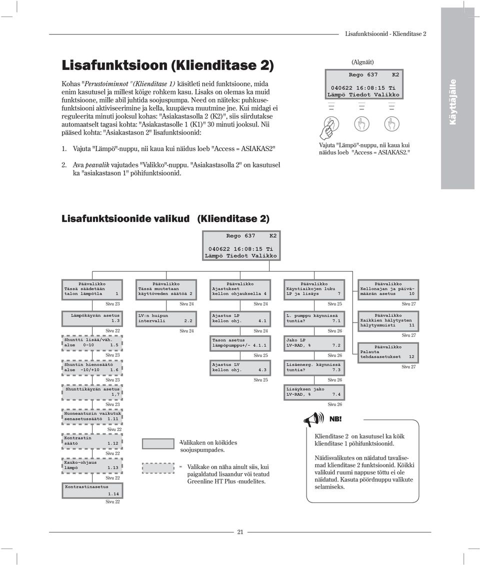 Kui midagi ei reguleerita minuti jooksul kohas: "Asiakastasolla 2 (K2)", siis siirdutakse automaatselt tagasi kohta: "Asiakastasolle 1 (K1)" 30 minuti jooksul.