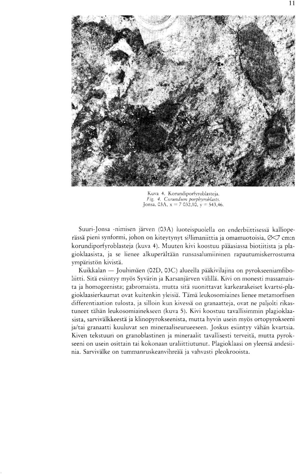 Muuten kivi koostuu paaasiassa biotiitista ja plagioklaasista, ja se lienee alkuperdltdan runsasalumiininen rapauturniskerrosturna ympdriston kivistd.
