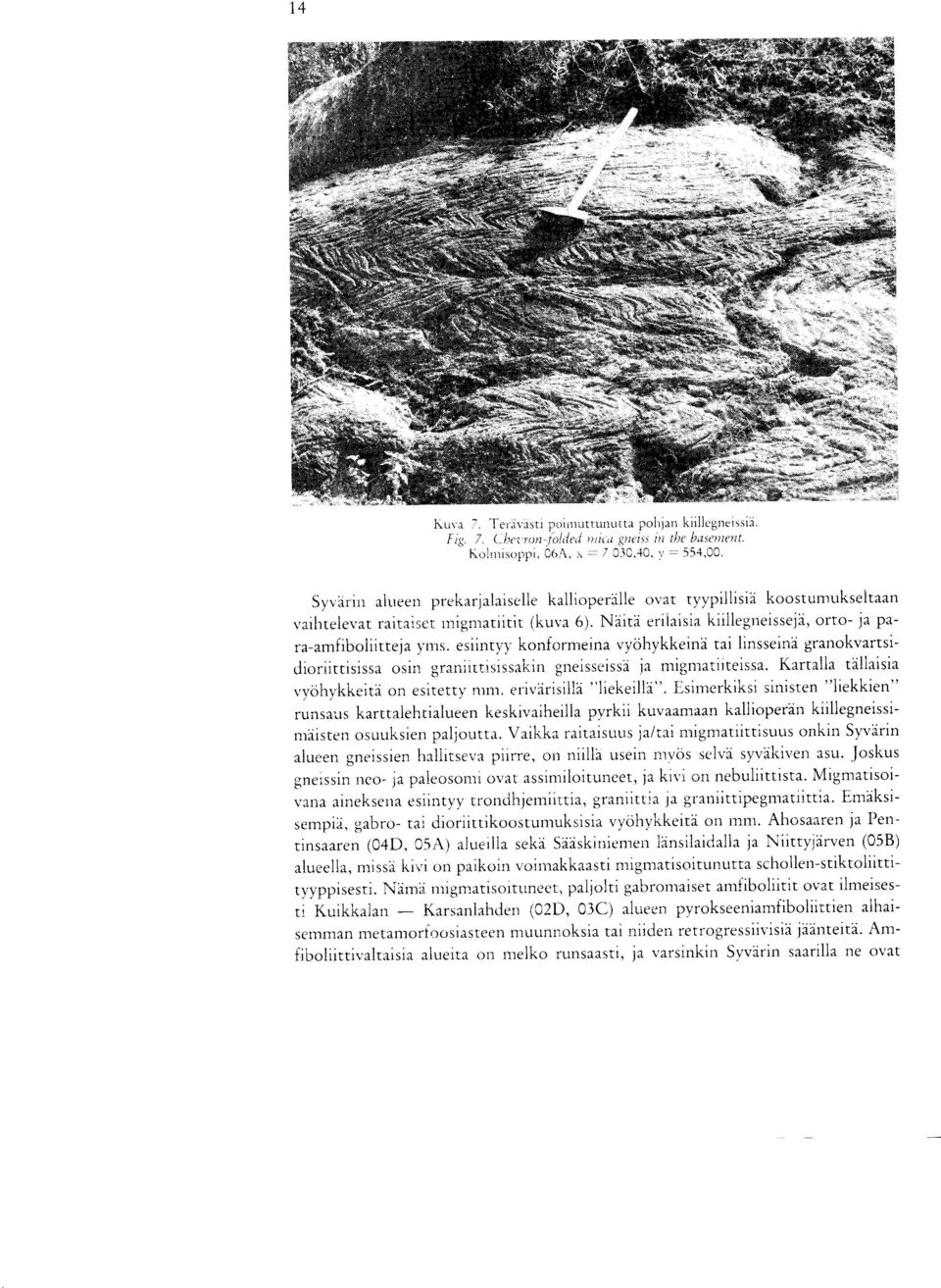 esiintyy konformeina vyohykkeina tai linsseina granokvartsidioriittisissa osin graniittisissakin gneisseissa ja migmatiiteissa. Kartalla to iaisia vyohykkeita on esitetty mm. erivarisilla "liekeilla".