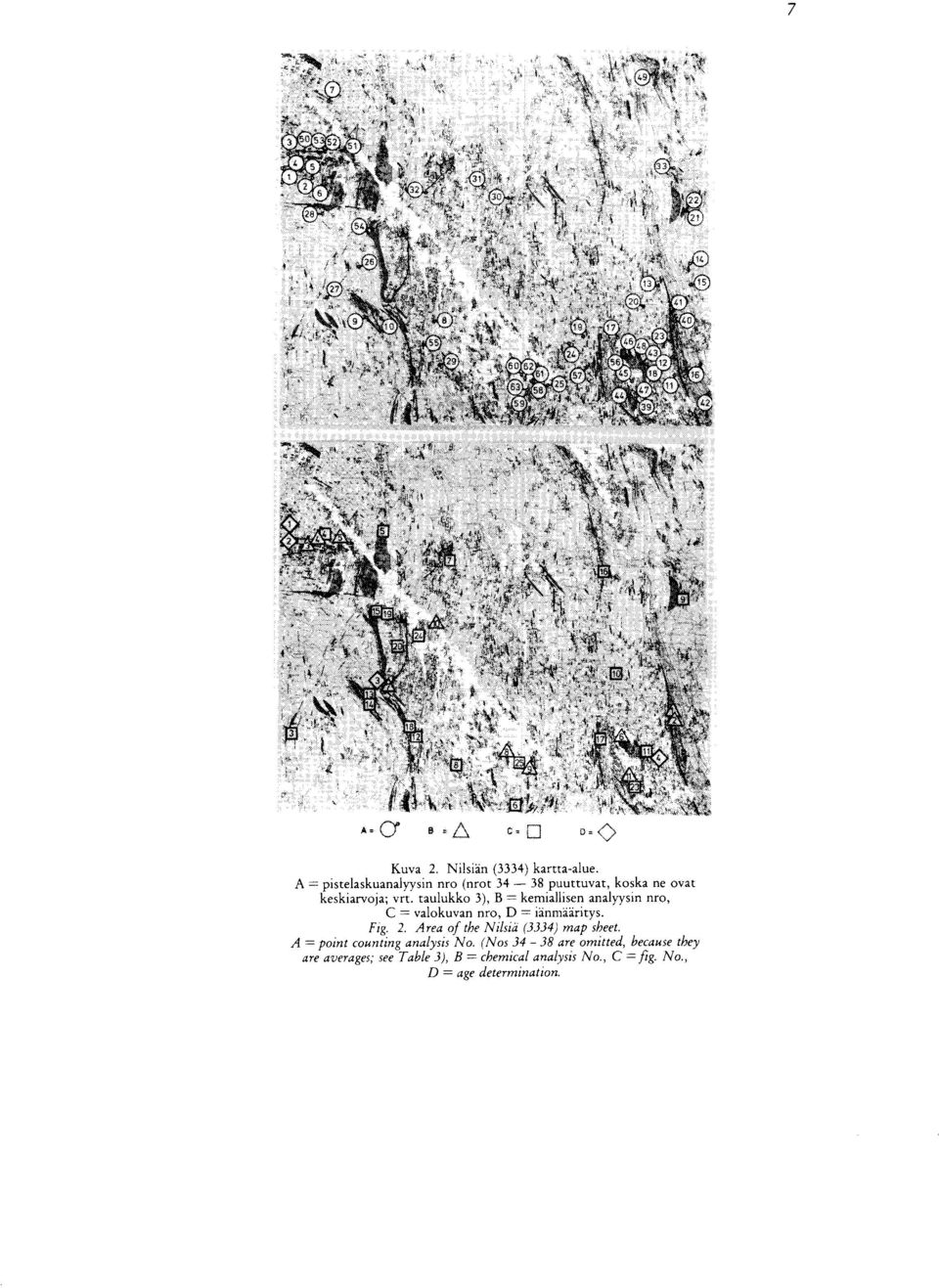 taulukko 3), B = kemiallisen analyysin nro, C = valokuvan nro, D = ianmaaritys. Fig. 2.