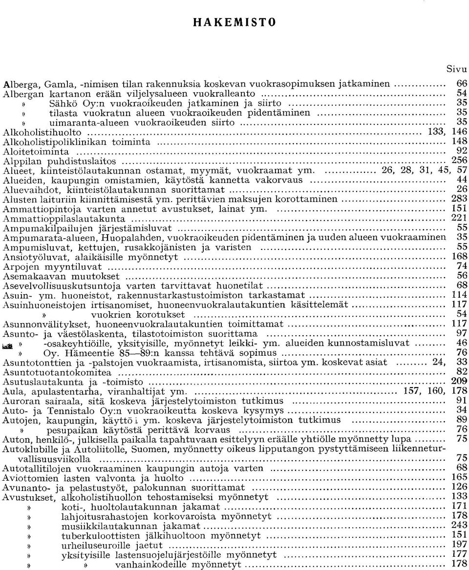 Alppilan puhdistuslaitos 256 Alueet, kiinteistölautakunnan ostamat, myymät, v u o k r a a m a t y m 26, 28, 31, 45, 57 Alueiden, kaupungin omistamien, käytöstä kannetta vakorvaus 44 Aluevaihdot,