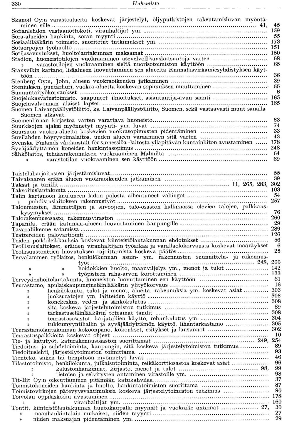 asevelvollisuuskutsuntoja varten 68 varastotilojen vuokraaminen sieltä nuorisotoimiston käyttöön 65 Stansvikin kartano, lisäalueen luovuttaminen sen alueelta Kunnallisvirkamiesyhdistyksen käyttöön 36