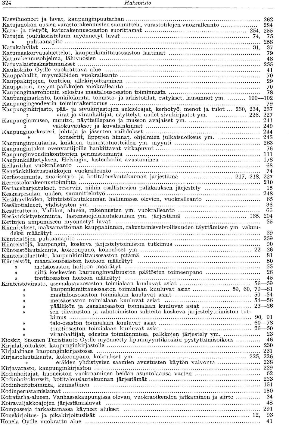 Katuvalaistuskustannukset 255 Kaukokiito Oy:lle vuokrattava alue 41 Kauppahallit, myymälöiden vuokralleanto 70 Kauppakirjojen, tonttien, allekirjoittaminen 29 Kauppatori, myyntipaikkojen