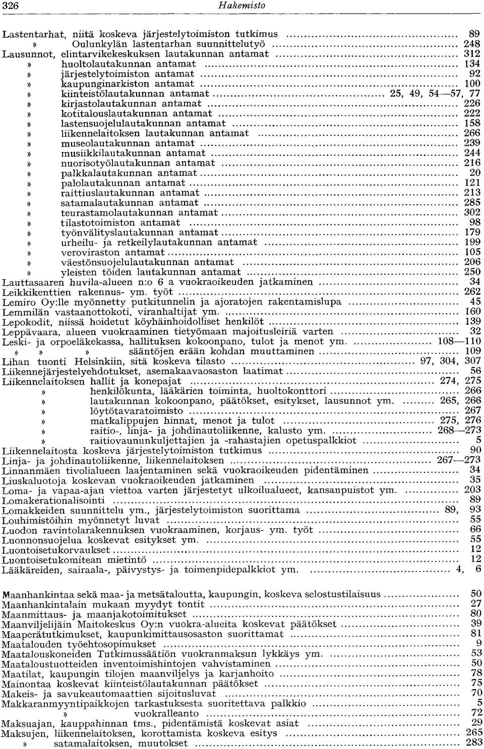 lastensuojelulautakunnan antamat 158 liikennelaitoksen lautakunnan antamat 266 museolautakunnan antamat 239 musiikki lautakunnan antamat 244 nuorisotyölautakunnan antamat 216 palkkalautakunnan