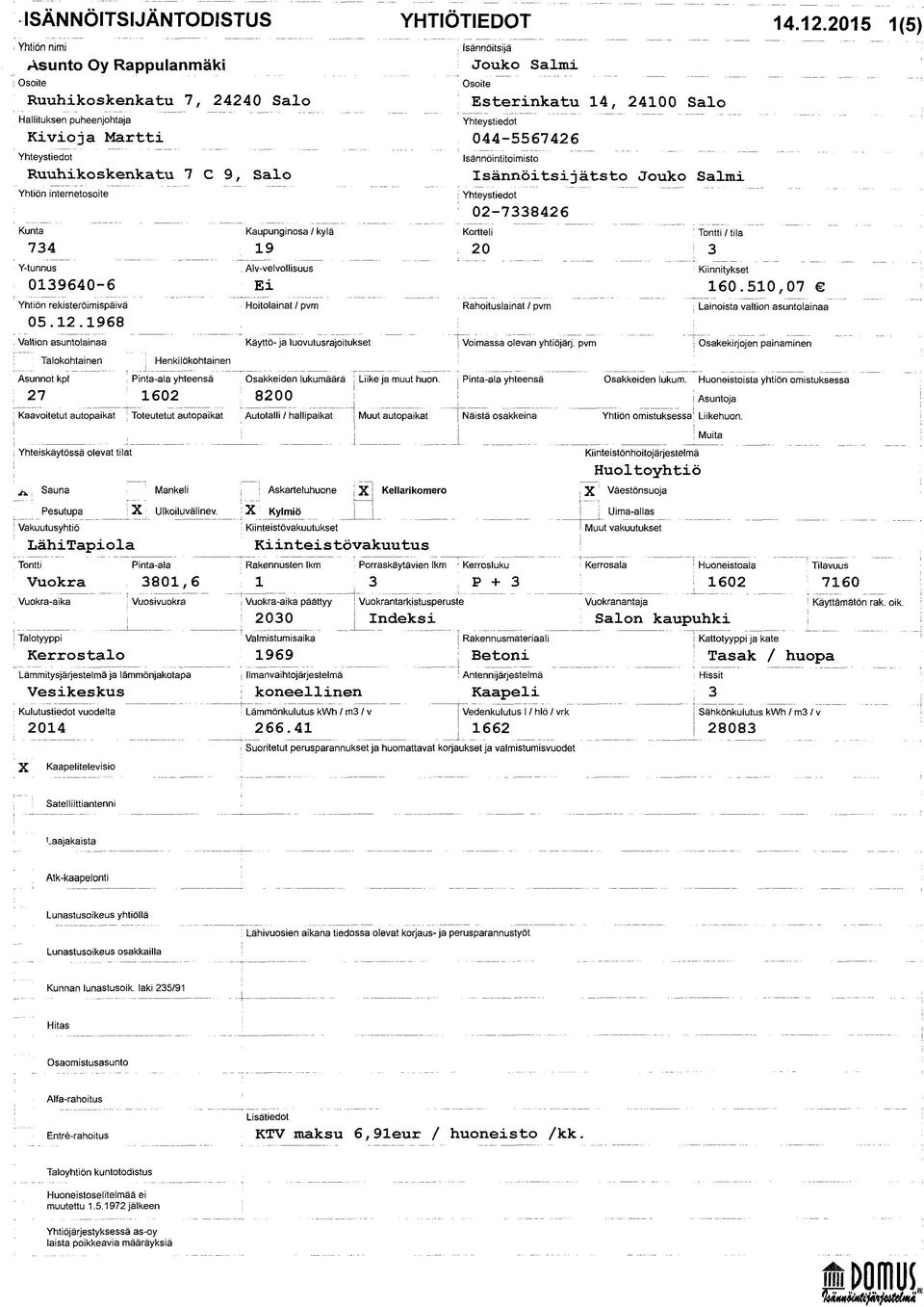 Kortteli Tontti/tila 734 19 20 3 Y-tunnus Alv-velvollisuus Kiinnitykset 0139640-6 Ei 160.510,07 Yhtiön rekisteröimispäivä 05.12.