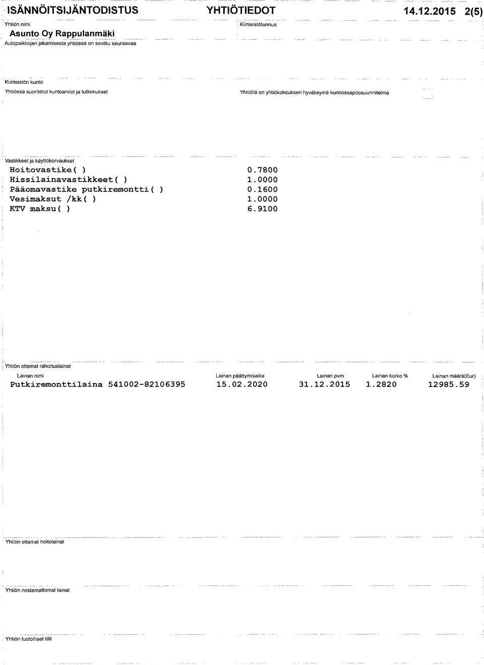 yhtiökokouksen hyväksymä kunnossapitosuunnitelma Vastikkeet ja käyttökorvaukset Hoitovastike( ) 0.7800 Hissilainavastikkeet( ) 1.0000 Pääomavastike putkiremontti( ) 0.