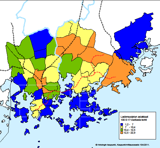 Lastensuojelun asiakkaat alueittain 2011 Lähde: Helsingin kaupungin sosiaalivirasto Peruskoulujen oppimistulokset Helsingissä on peruskoulujen oppimistulosten välillä havaittu eroja, joiden taustalla