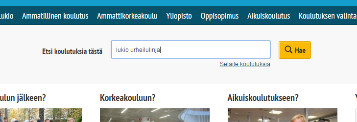 Miten löydän koulutuksia - lukiokoulutus esimerkki Lukio, urheilulinja, pääkaupunkiseutu hakuehdot
