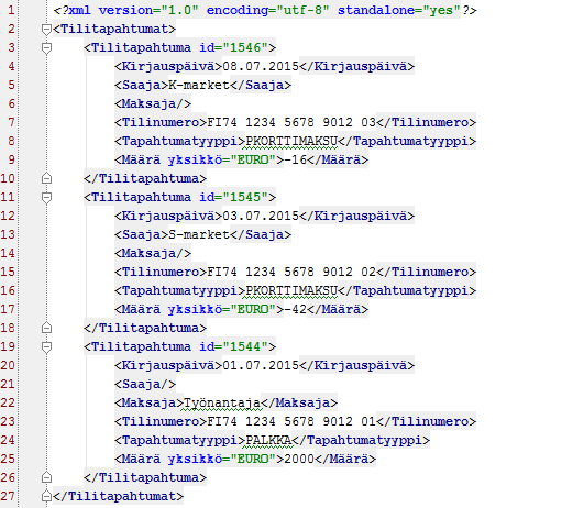 11 Koodi 1. XML-dokumentin sisältö. XML-dokumentin alkaessa prologilla toisella rivillä on juurielementti.
