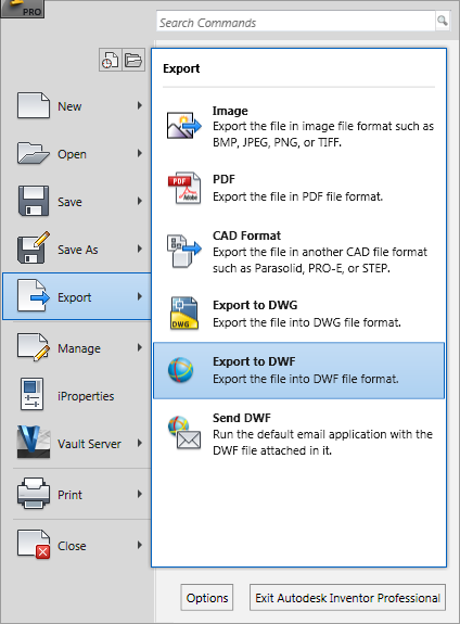 61 Kuva 18 Autodesk Inventor ohjelmiston Export-valikon alta löytyvät pääjulkaisuvaihtoehdot versiossa 2012 Professional.