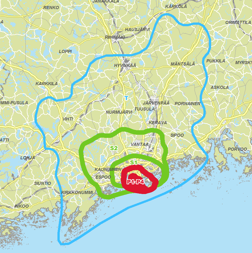mukaan Primäärialue (punainen) Sekundäärialue (vihreä) Ulkoalue