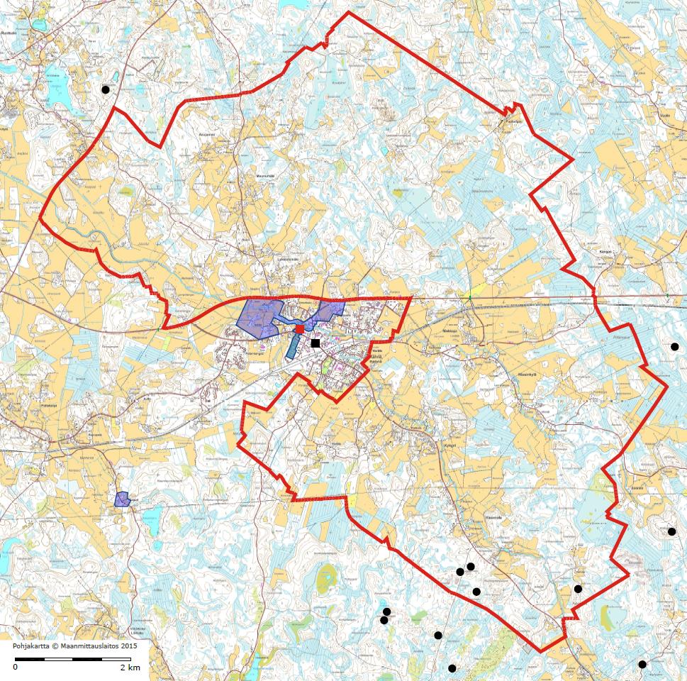 FCG Suunnittelu ja Tekniikka Oy Selostus 17 (75) Kuva 12. Kulttuurihistorialliset ja muinaisjäännöskohteet Kälviän keskustan kohdalla Vähäjoki yhtyy Kälviän jokeen matkallaan mereen.