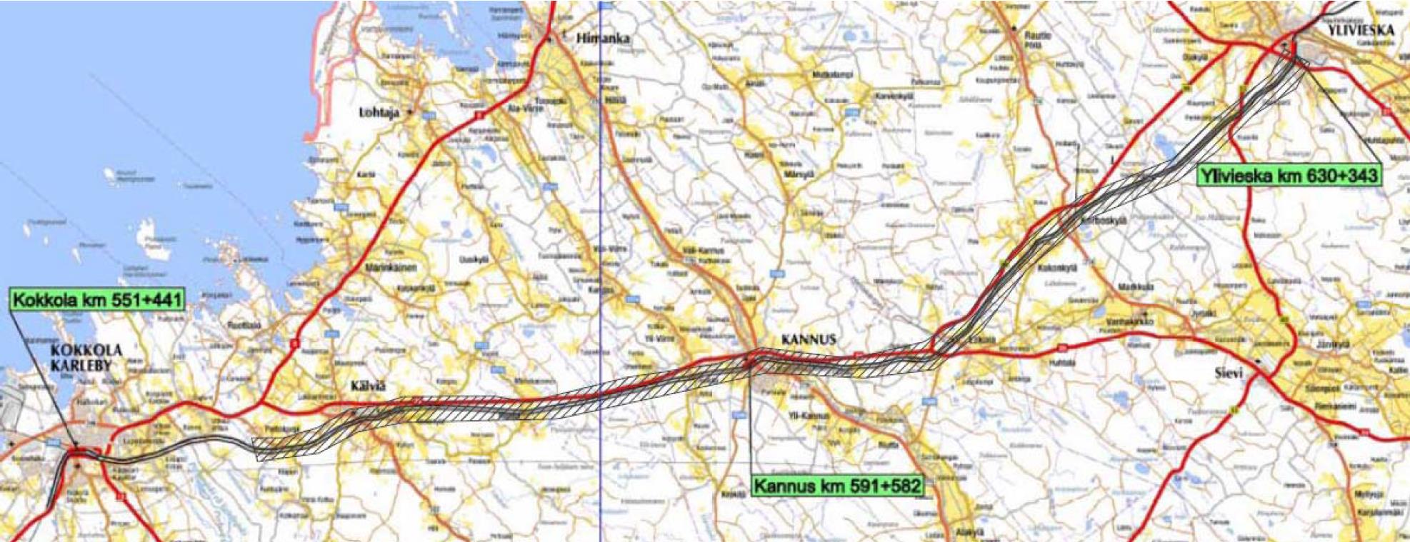 2 Joukkoliikenne Suunnittelualuetta halkoo idästä länteen Kälviän kirkonkylän kautta kulkeva kaksiraiteinen rautatie, joka kuuluu Oulu Seinäjoki rataosaan.