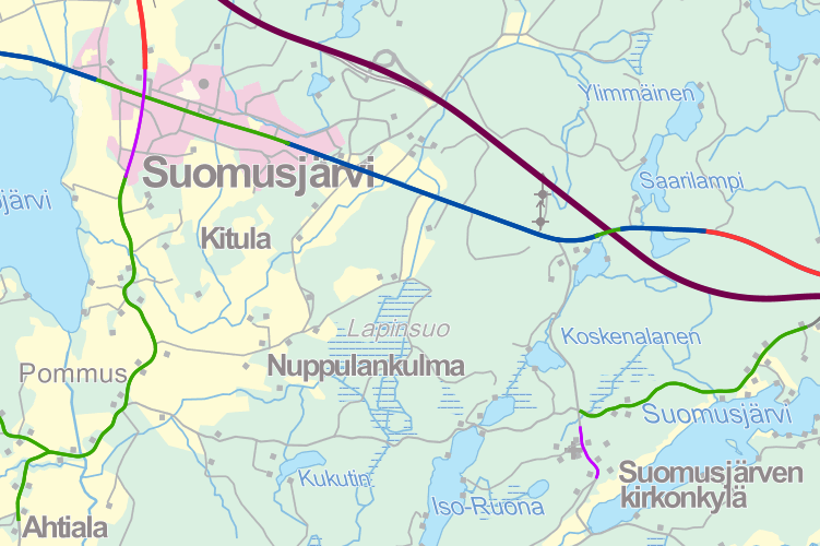 60 km/h Tieosuuden valaiseminen Nopeusrajoitus 60 km/h Kuva 21. Suomusjärven koulumatkojen parannustoimenpiteet. Alakoulu on merkattu kuvassa olevan neliön sisään (Pohjakartta: Paikkatietoikkuna).