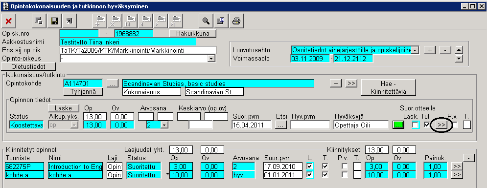 Hyväksilukeminen Kun lisäät opiskelijalle hyväksiluettavan opinnon, käy tarkistamassa ja tarvittaessa muuttamassa suorituskieli ikkunassa Opinnon perustiedot (pääset ikkunaan opinnon riviltä