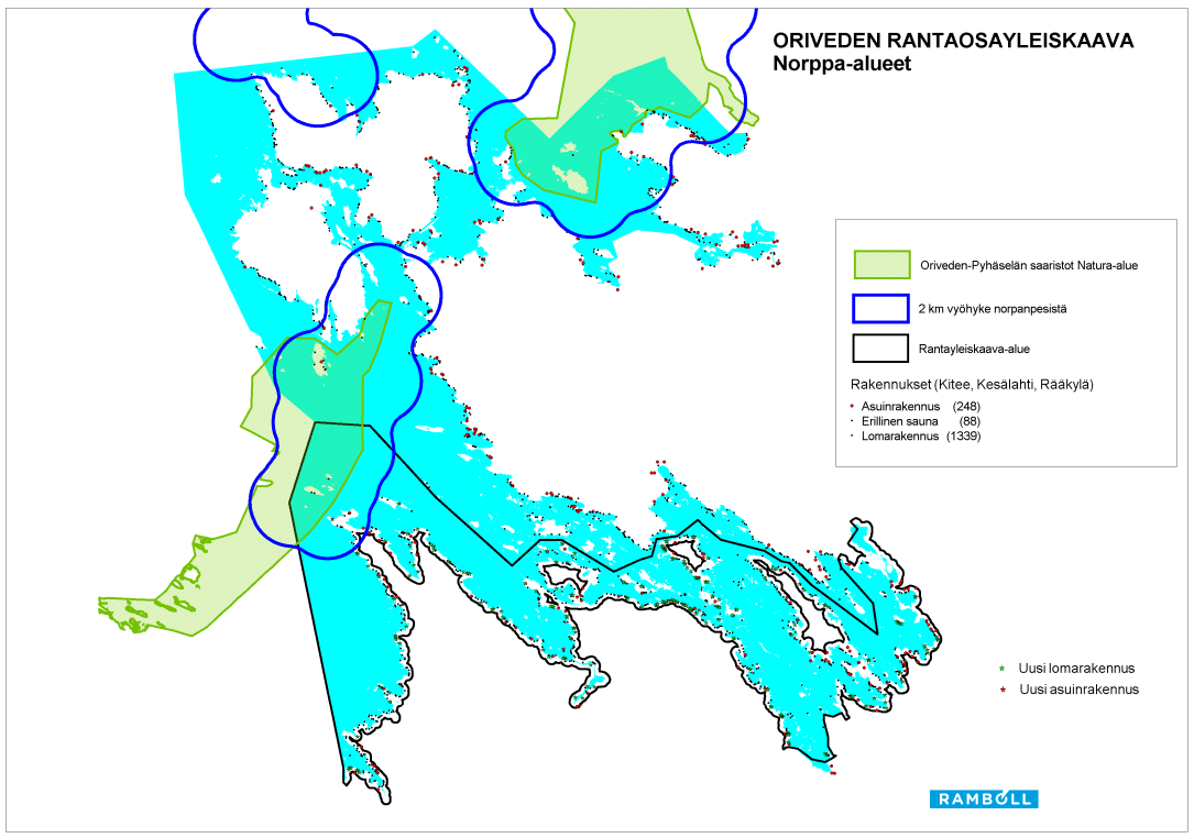 8 3.1.1 Saimaannorpat Oriveden rantaosayleiskaava-alueella Kuvassa 3-1 on esitetty kartta saimaannorppien pesimäalueiden sijoittumisesta suhteessa kaavaalueeseen.
