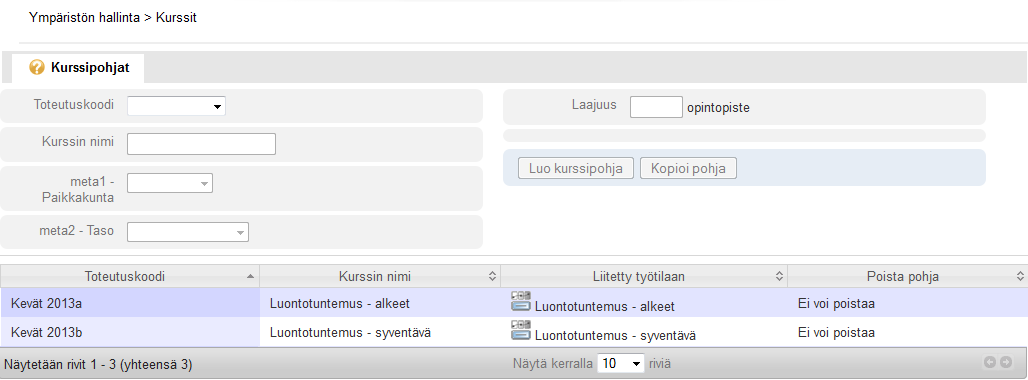 Optima Kurssit-toiminto 7 Käyttäjä voi määritellä todistuspohjia, arvioinstiskaaloja ja kompetensseja 4. Kurssipohjat Kurssipohjaa käytetään aina yhtä tulevaa kurssia kohti.