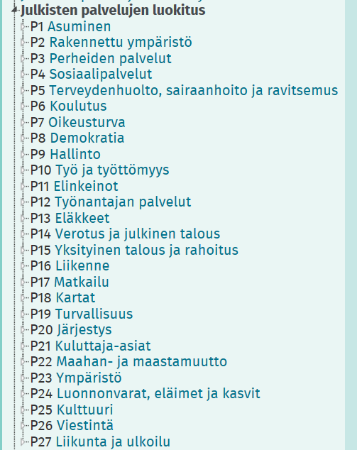 Palveluluokitus Pakollinen tieto Palveluluokka on kaksitasoinen aiheluokitus, jonka mukaan palveluita jaotellaan.