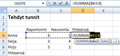 7 KAAVAT 7.1 PERUSFUNKTIOT 1. Valitse solu, johon kaava kirjoitetaan. 2. Napsauta Aloitus (Home)-välilehden Muokkaaminen (Editing) -ryhmän komentoa Automaattinen summa (AutoSum).