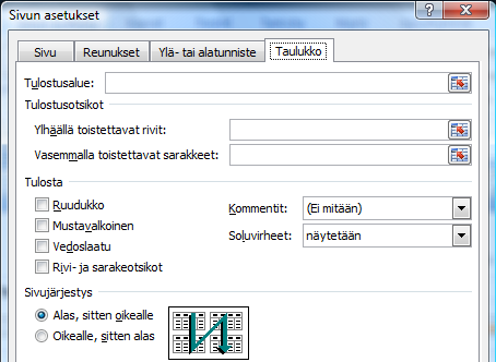 12.4 OTSIKOIDEN JA RUUDUKON TULOSTUS 1. Siirry Sivun asettelu (Page Layout) välilehdelle. 2. Napsauta Sivun asetukset (Page Setup) ryhmästä Tulosta otsikot (Print Titles) painiketta. 3.