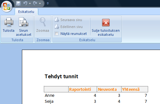 13 TULOSTAMINEN 1. Jos haluat tulostaa taulukosta osan, niin valitse sen ennen tulostamista. 2. Napsauta Office-painiketta. 3. Napsauta vaihtoehtoa Tulosta (Print). 4.